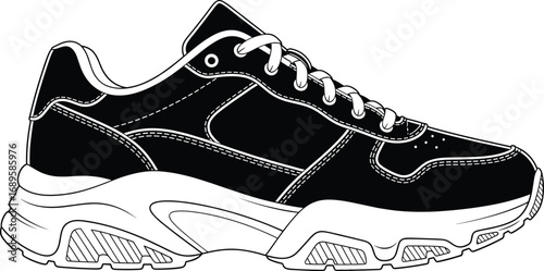 Athletic sneaker silhouette vector showing detailed sole, lace-up design, grip texture, and modern style for fashion, sport, and branding