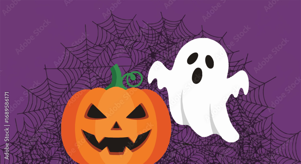 Fototapeta premium Spooky Halloween illustration with a carved Jack-o'-lantern pumpkin and a friendly ghost on a purple background with spiderwebs.
