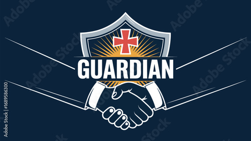 A guardian logo with a shield, a cross, handshake and rays on a dark blue background illustration