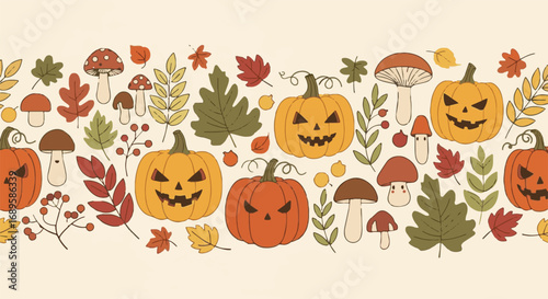 Halloween Seamless Border with Spooky Jack-o'-Lanterns, Autumn Leaves, and Mushrooms. Fall Season Pattern for Festive Design Assets.