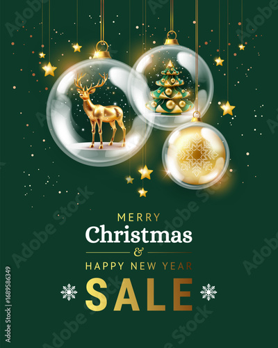 Christmas Sale background in green and gold. Vertical template for social media sales