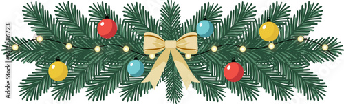 Christmas fir branches, lights, Christmas tree balls and golden bat. Vector botanical element for holiday decoration.