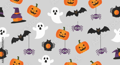 Cute Halloween seamless pattern with cartoon pumpkins, ghosts, bats, spiders, and witches' hats on a light gray background. Spooky autumn holiday design.