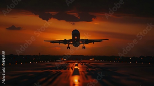 Airplane landing sunset silhouette