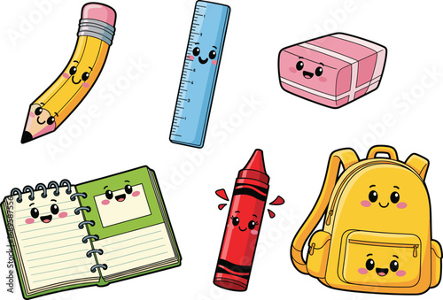 Cartoon school supplies vector set with pencil, ruler, eraser, notebook, crayon, backpack in cute style for children education content