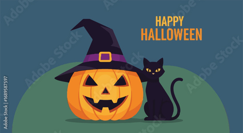 Spooky Halloween assets: Jack-o'-lantern pumpkin with witch hat and black cat. Festive autumn holiday vector illustration on dark background.