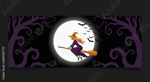 Halloween night banner with a flying witch on a broomstick, full moon, bats, and spooky trees. Spooky season graphic asset.