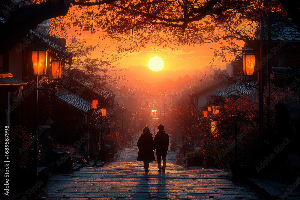 Fototapeta premium Person walking down street at sunset.