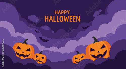 Happy Halloween illustration with spooky carved pumpkins, flying bats, and dark clouds. Festive October holiday background vector asset.