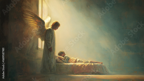 Guardian angel standing by window watching over sleeping child in soft light
