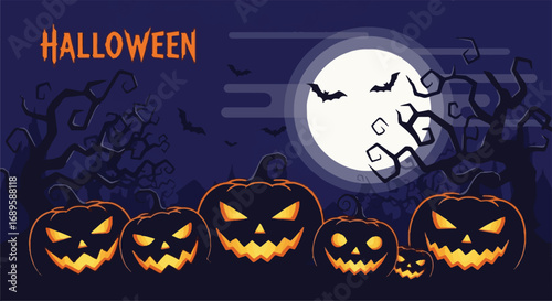 Spooky Halloween night background with glowing jack-o'-lantern pumpkins, full moon, and flying bats. Vector illustration.