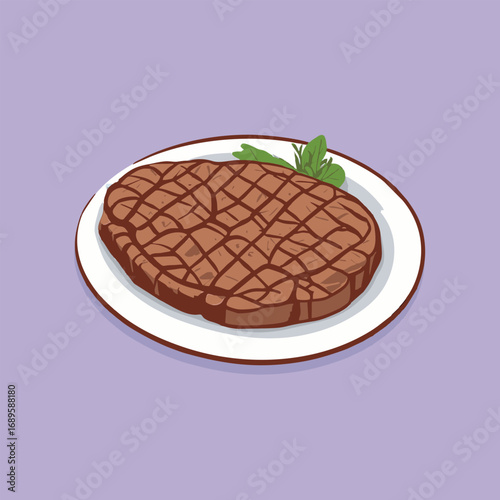 Grilled steak on plate with greens on purple.
