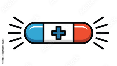 Illustration of a capsule with a blue end a red end and a white center with a plus sign design