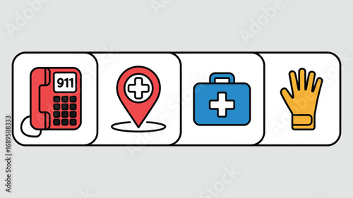 Illustration of emergency services including phone location first aid and protective glove icons