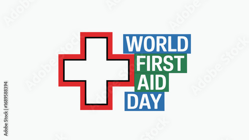 A red outlined cross with world first aid day text on a white background in a graphic design image