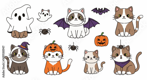 Adorable Halloween cats in festive costumes with ghosts, pumpkins, bats, spiders. Cute holiday vector assets and illustrations set.