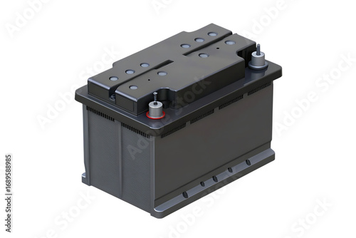 Dark gray car battery with red and silver terminals isolated on a transparent background