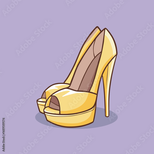 Yellow high heels with strap on purple background.