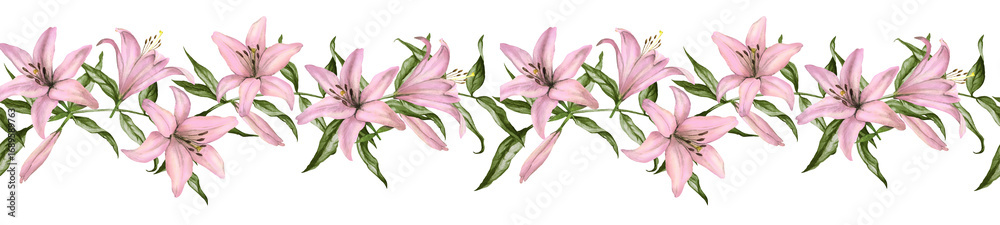 Fototapeta premium A seamless border of pink lilies with green leaves, showcasing delicate textures and organic forms. Watercolor frame Ideal for wedding invitations, stationery, romantic designs.