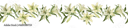 A seamless watercolor border of delicate white lilies with green leaves, hand drawn compositionl for elegant wedding invitations, decor, or romantic designs.