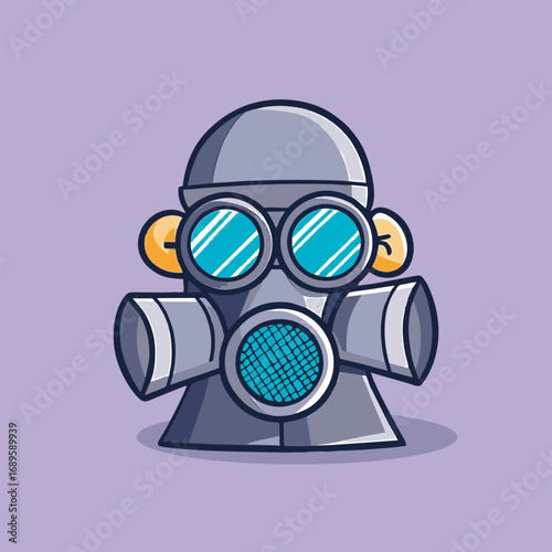 Gray gas mask with blue lenses on purple.