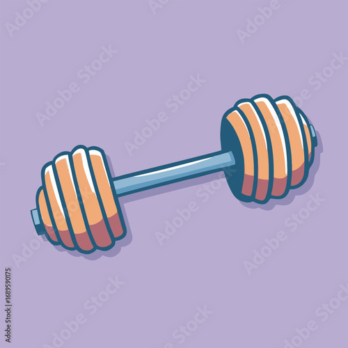 Blue dumbbell with orange weights on purple.