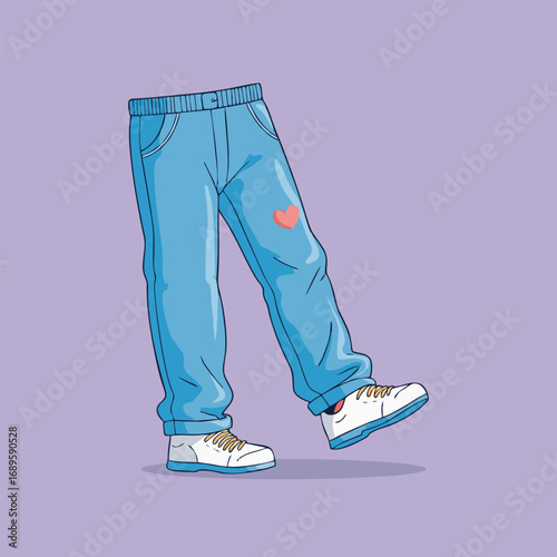 Blue jeans with heart design and wearing shoes.