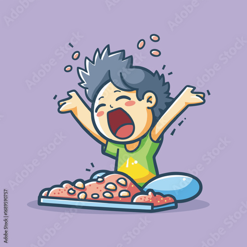 Excited boy with raised arms and food in front.