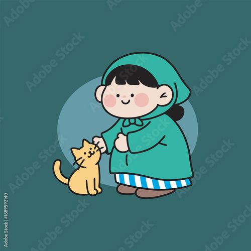 Description: A girl in green clothes with a cat beside her.