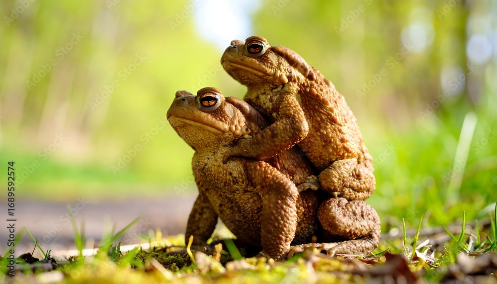 Obraz premium Two toads mating in a spring forest