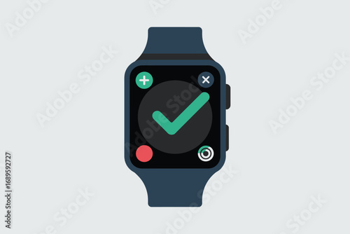 A smart watch with a green checkmark on the screen indicating a completed task or successful operation