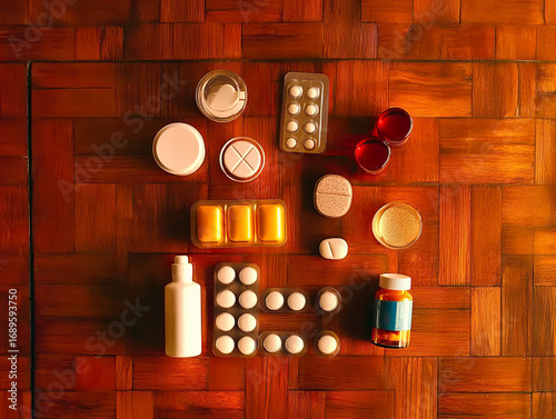 Various types of medication and supplements arranged neatly on a wooden surface