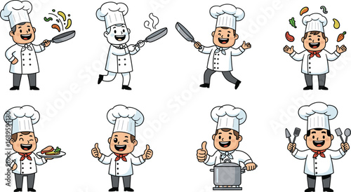 Cartoon chef characters cooking food, holding kitchen utensils, happy cook illustration, restaurant kitchen, culinary art, professional chef, gastronomy, delicious meal preparation