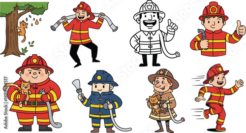 Cartoon firefighter characters in uniform, fire safety illustration, rescue team concept, emergency service design, fire hose, cat rescue, protection hero