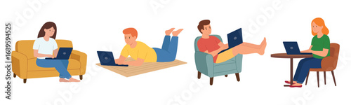 Men and women at laptops. Working from home.  Isolated white background. Vector illustration in flat style