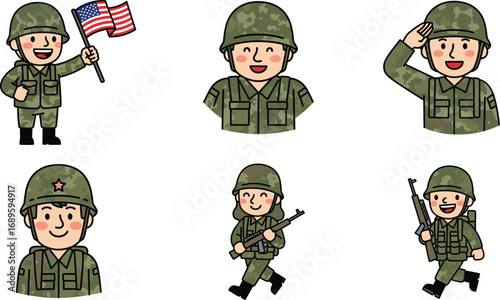 Cartoon soldier characters illustration, military uniform, army salute, American flag, cute soldier vector art, weapon holding, patriotic design, smiling faces