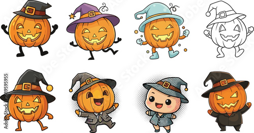Cute Halloween pumpkin characters, cartoon jack o lantern with witch hat, kawaii illustration, festive decoration, spooky design, holiday art, vector