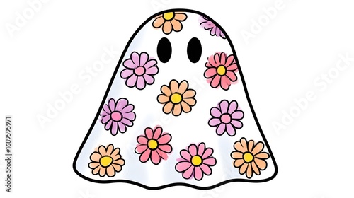 Cute ghost with a flower pattern textile on wa hite background