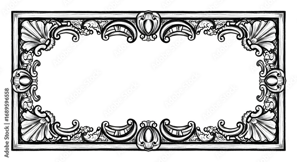 Fototapeta premium Ornate rectangular frame with shell and scroll designs in black and white illustration style image