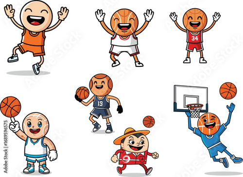 Cartoon basketball characters in action poses, fun sports vector illustration for kids, playful athlete clipart set with uniforms and energy