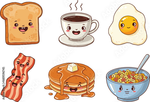 Cartoon Breakfast Food Characters – Toast, Coffee, Egg, Bacon, Pancakes, Cereal – Cute Morning Meal Vector Illustration for Kids Design