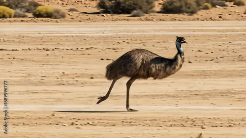 Emu running across the desert in a sequence of action shots, capturing its movement and energy