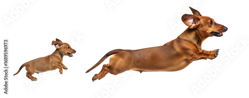 A dachshund puppy and an adult dog leap energetically in mid-air, showcasing their playful nature. Both dogs appear joyful and full of energy, isolated on a white background.