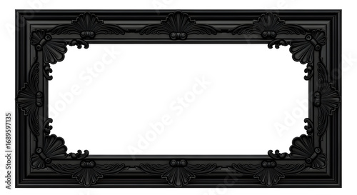 Ornate black picture frame with decorative corners and edges on a white background isolated