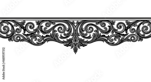Elegant black baroque scrollwork border design with intricate floral details and classic flourishes