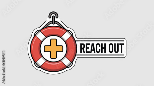 Illustrated life preserver with a hook and a sign that says reach out on a light gray background