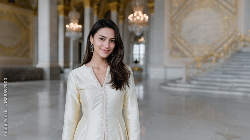 Fototapeta premium Elegant woman in traditional-style cream dress posing in luxurious palace interior with chandeliers and marble decor, concept of beauty, culture, fashion, sophistication, and timeless elegance