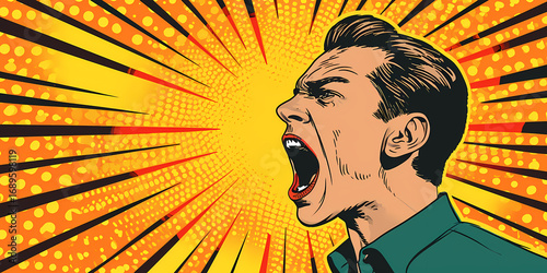 Man yelling in frustration, pop art style with vibrant sunburst background conveying strong emotion