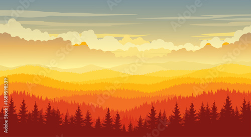 Two Majestic Mountain Ranges at Sunset with a Vast Sky Filled with Fiery Hues and Silhouetted Trees