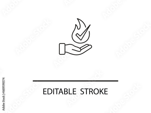 Hand holding flame with checkmark symbol signifying safety, approval, or successful completion.